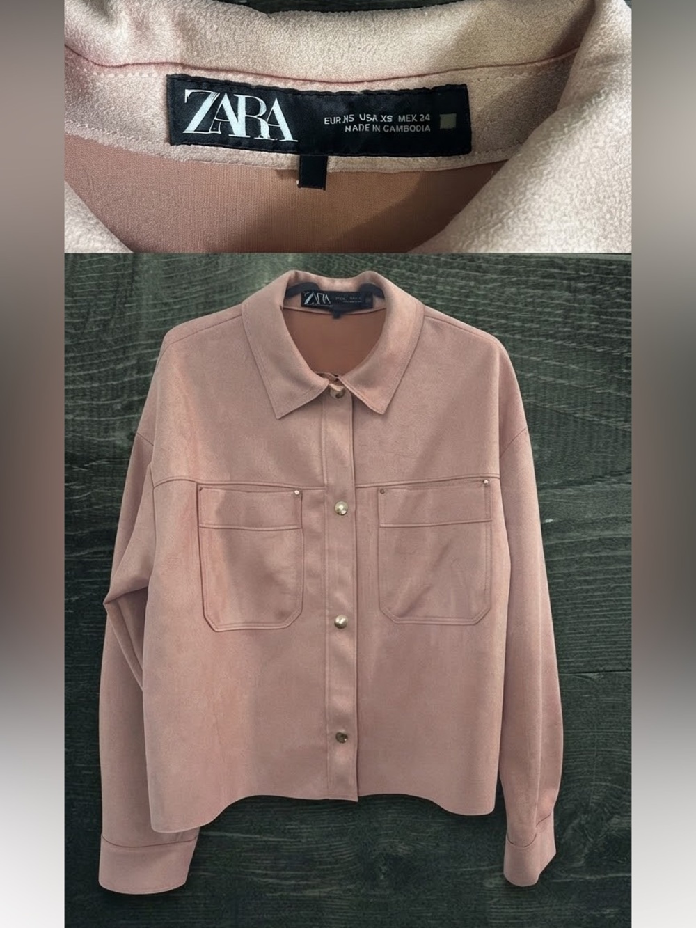ZARA Faux Suede Blush Pink Oversized Button Down Shirt Jacket Size XS